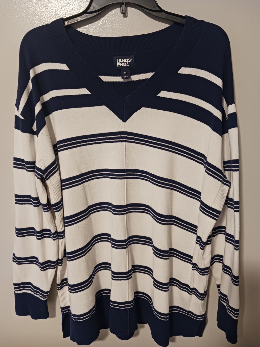 Lands' End Lightweight Cotton Navy and White Striped V-Neck Sweater